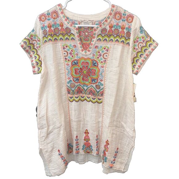 Johnny Was Workshop Tamia Boho Drape Top Size S Peach Floral Embroidered Cotton - Picture 1 of 9
